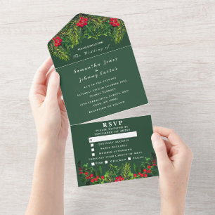 Greenery Pine Cone Winter Green Watercolor Wedding All In One Invitation