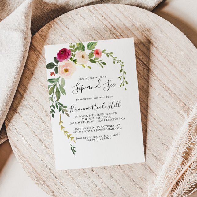 Greenery Pink Blush Floral Sip and See Invitation (Creator Uploaded)