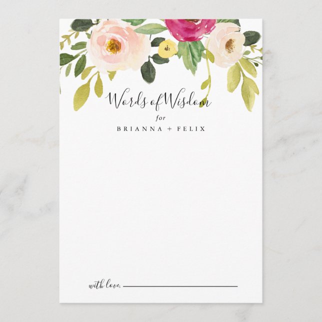 Greenery Pink Blush Floral Wedding Words of Wisdom Advice Card (Front)