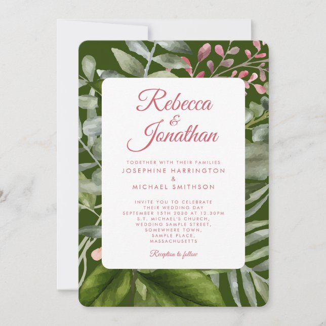 Greenery Pink Emerald Green Foliage Wedding Invitation (Front)