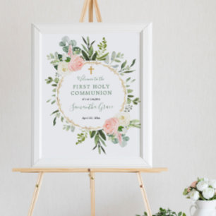 Greenery pink first communion baptism welcome sign