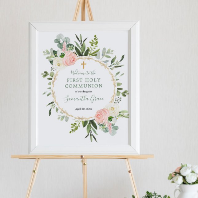 Greenery pink first communion baptism welcome sign (Creator Uploaded)