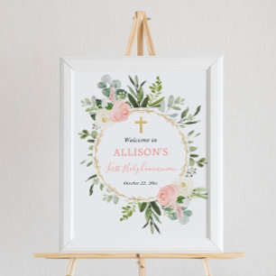 Greenery pink first communion baptism welcome sign