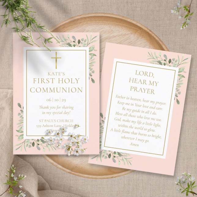 Greenery Pink First Holy Communion Prayer Card (Creator Uploaded)