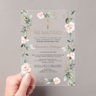 Greenery Pink Floral Spanish Mi Bautizo Baptism Acrylic Invitations