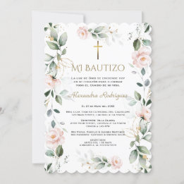 Greenery Pink Floral Spanish Mi Bautizo Baptism Invitation