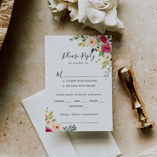 Greenery Pink Floral Wedding Menu Choice RSVP (Creator Uploaded)