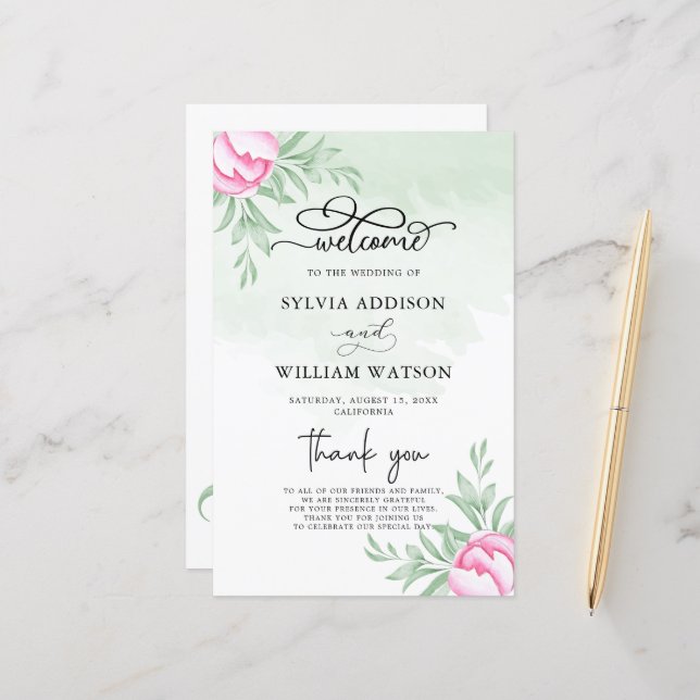 Greenery Pink Flowers Gold Modern Wedding Ceremony (Front/Back In Situ)