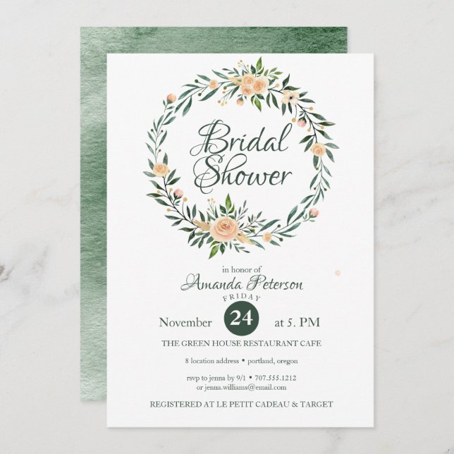Greenery Pink Flowers Wreath Bridal Shower Invitation (Front/Back)