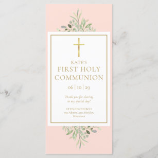 Greenery Pink Holy Communion Prayer Card Bookmark