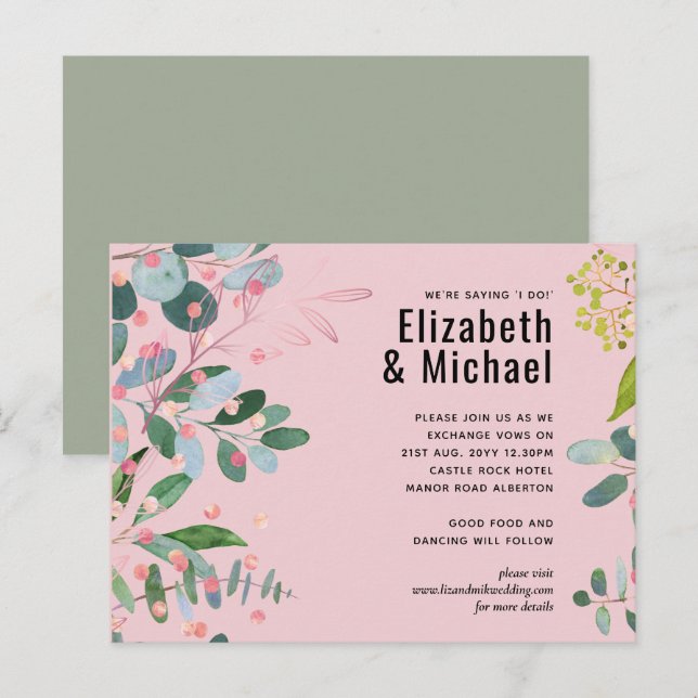 Greenery Pink Modern Wedding Invitation Postcard (Front/Back)