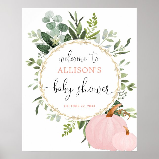 Greenery pink pumpkins baby shower welcome sign (Front)