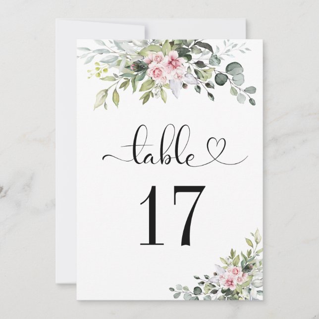 Greenery Pink Rose Wedding Table Numbers (Front)