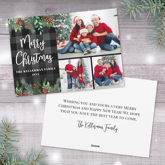 Greenery Plaid Photo Collage Merry Christmas Holiday Card (Greenery Plaid Photo Collage Merry Christmas Holiday Card)