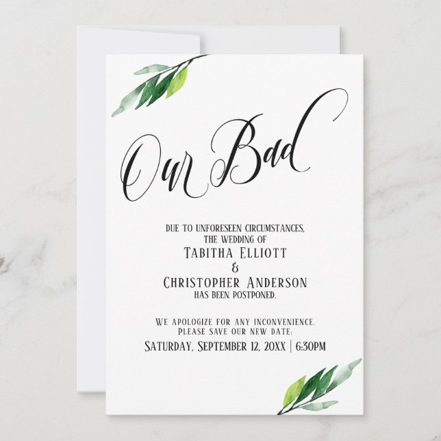 Greenery Postponed Wedding "Our Bad" Announcement (Front)