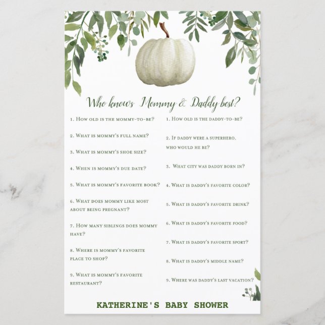 Greenery Pumpkin Baby Shower Game PRINTED (Front)