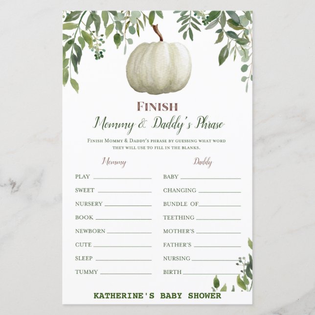 Greenery Pumpkin Baby Shower Game PRINTED (Front)