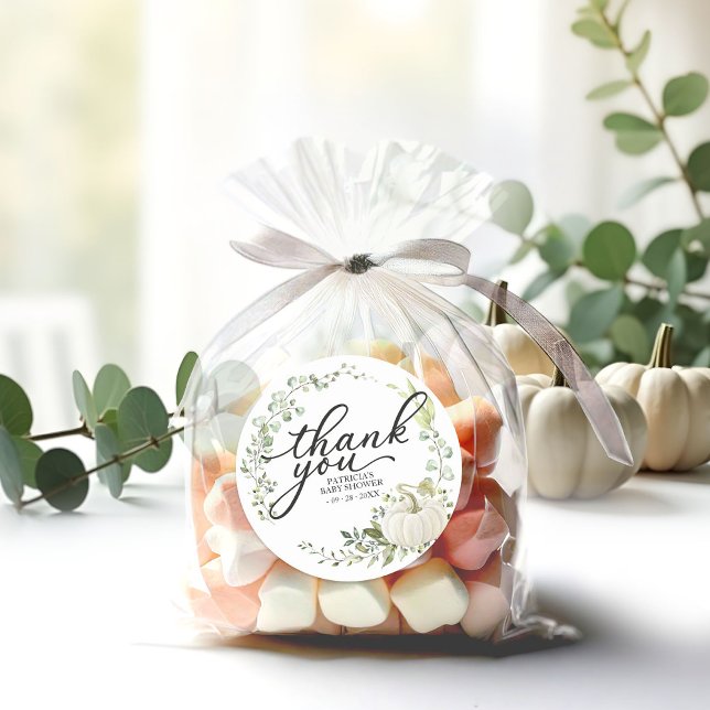 Greenery Pumpkin Fall Baby Shower Thank You Favour Classic Round Sticker (Creator Uploaded)