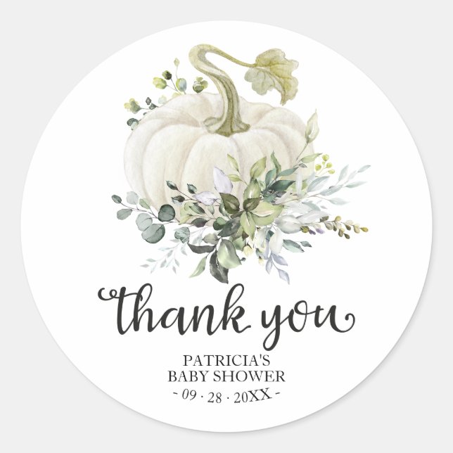 Greenery Pumpkin Fall Baby Shower Thank You Favour Classic Round Sticker (Front)