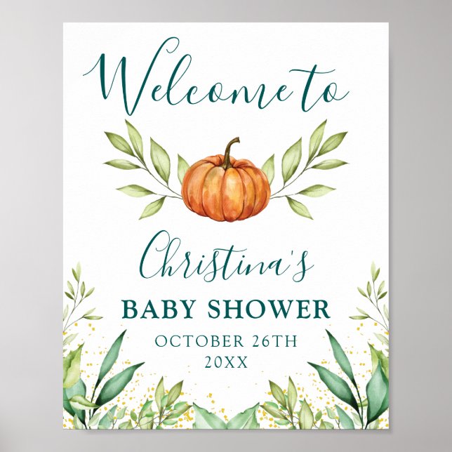 Greenery Pumpkin Fall Baby Shower Welcome Sign (Front)