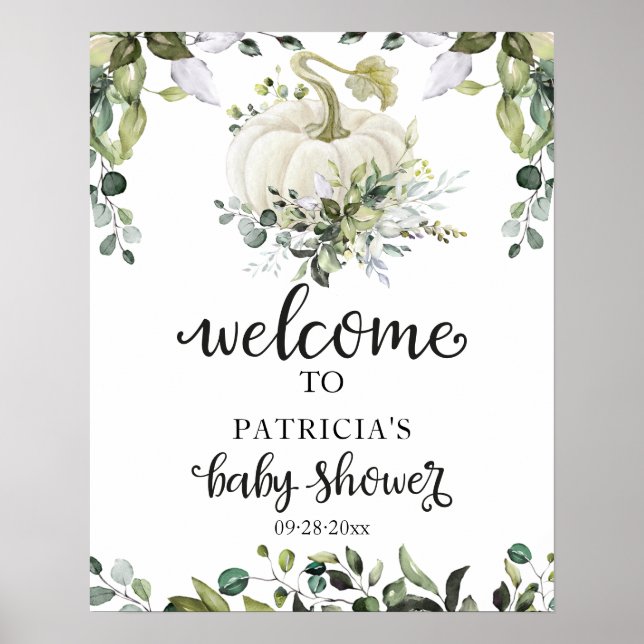 Greenery Pumpkin Fall Baby Shower Welcome Sign  (Front)