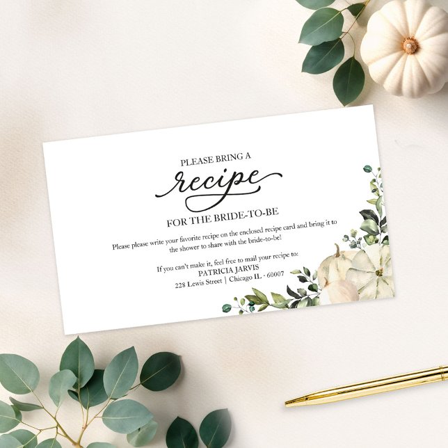 Greenery Pumpkin Fall Bridal Shower Recipe Request Enclosure Card (Creator Uploaded)