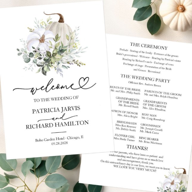Greenery Pumpkin Fall Wedding Ceremony Program Invitation (Creator Uploaded)