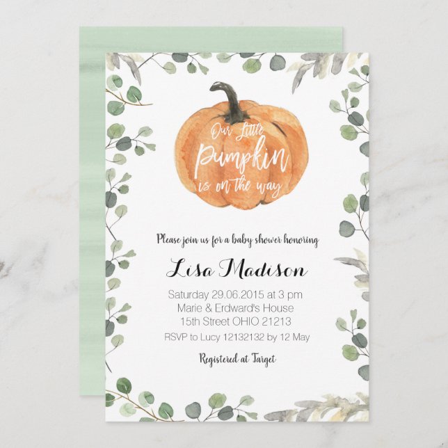 Greenery Pumpkin is on Its Way Fall Baby Shower Invitation (Front/Back)