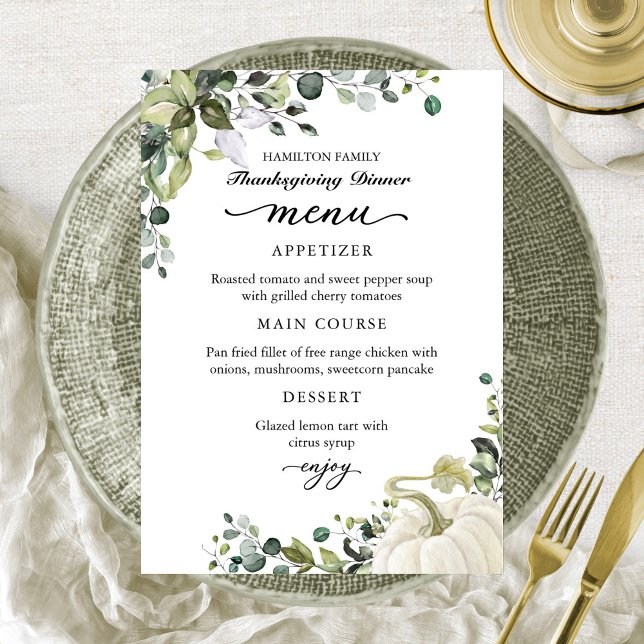 Greenery Pumpkin Thanksgiving Dinner Menu Card (Creator Uploaded)