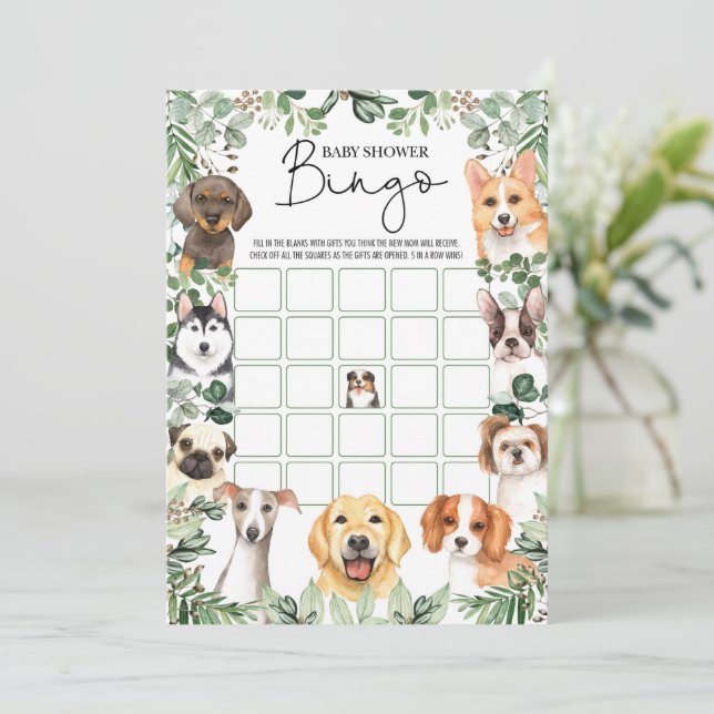 Greenery Puppy Dog Bingo Baby Shower Game Card (Standing Front)