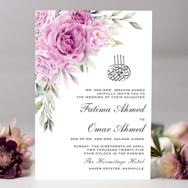 Greenery Purple Floral QR Code Muslim Wedding Invitation (Creator Uploaded)