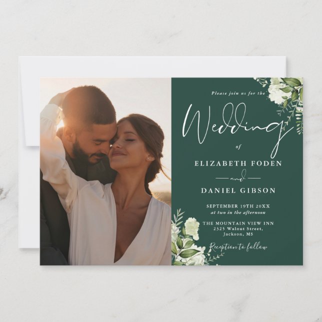 Greenery QR Code Photo Emerald Green Wedding Invitation (Front)