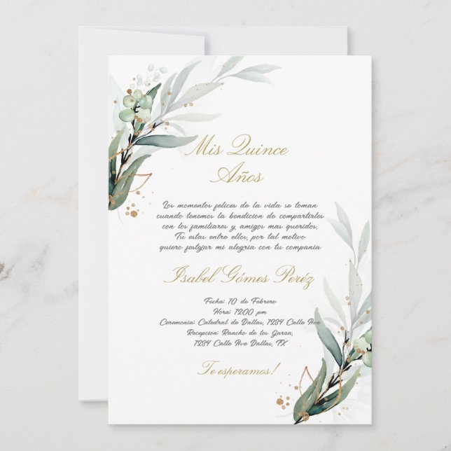 Greenery Quinceanera invitation in Spanish (Front)