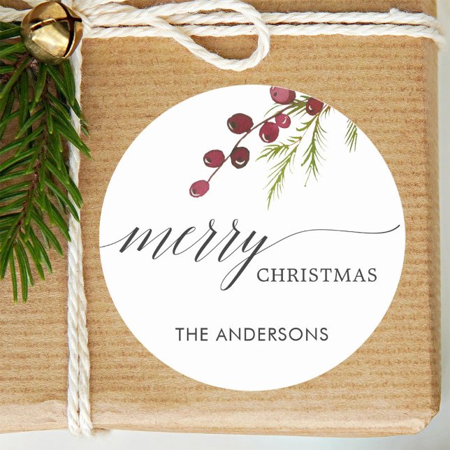 Greenery Red Berries Holiday Classic Round Sticker (Creator Uploaded)