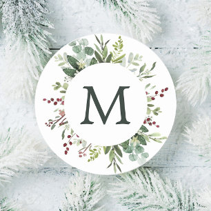 Greenery Red Berries Holiday Monogram Classic Round Sticker