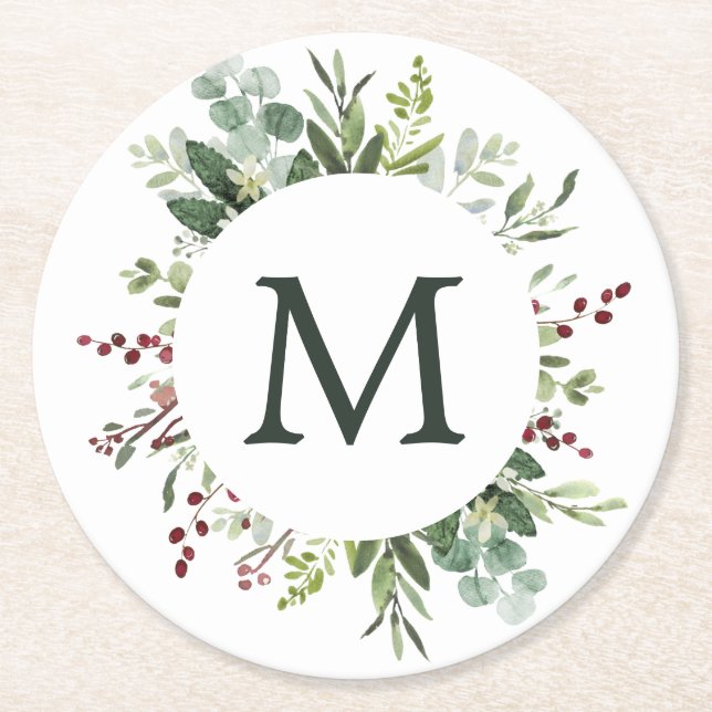 Greenery Red Berries Holiday Monogram Round Paper Coaster (Front)