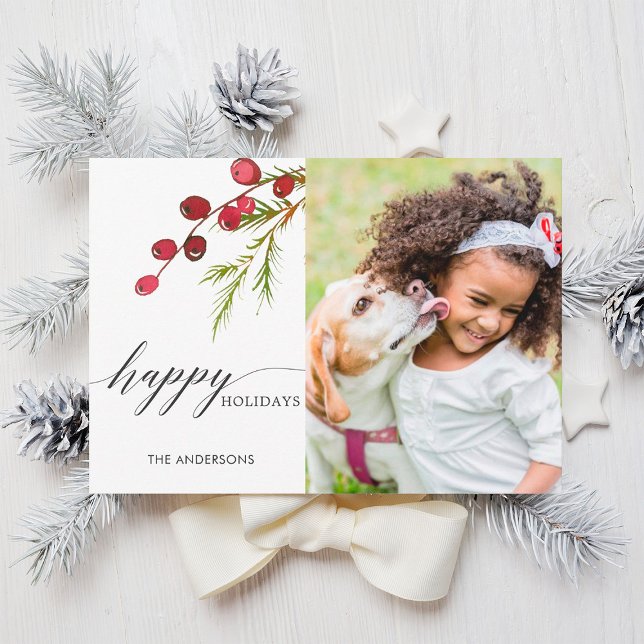 Greenery Red Berries Holiday Photo Card (Creator Uploaded)