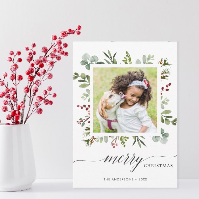 Greenery Red Berries Holiday Photo Card (Creator Uploaded)