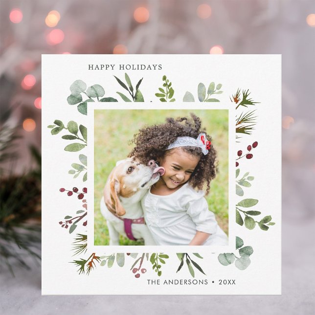 Greenery Red Berries Holiday Photo Square Card (Creator Uploaded)