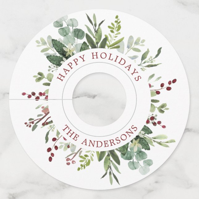 Greenery Red Berries Holiday Wine Glass Tag (Front)