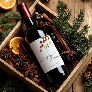 Greenery Red Berries Holiday Wine Label