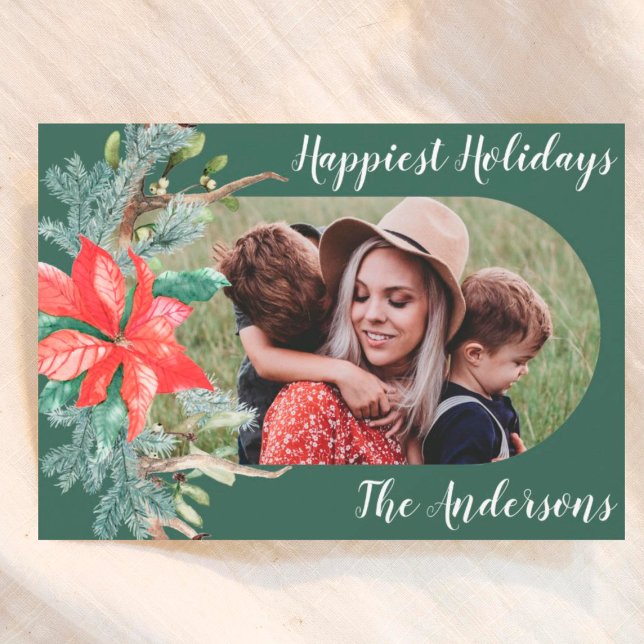 Greenery Red Foliage Botanical Modern Oval Photo Holiday Card (Creator Uploaded)