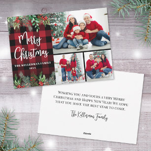 Greenery Red Plaid Photo Christmas Holiday Card