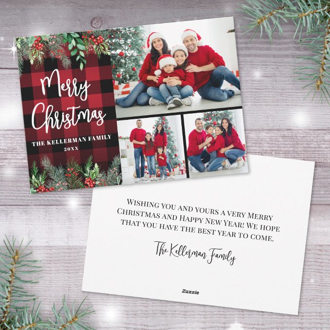 Greenery Red Plaid Photo Merry Christmas Holiday Card (Greenery Red Plaid Photo Merry Christmas Holiday Card)