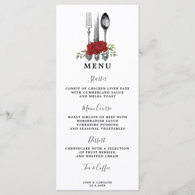 greenery red roses cutlery wedding menu cards (Front)