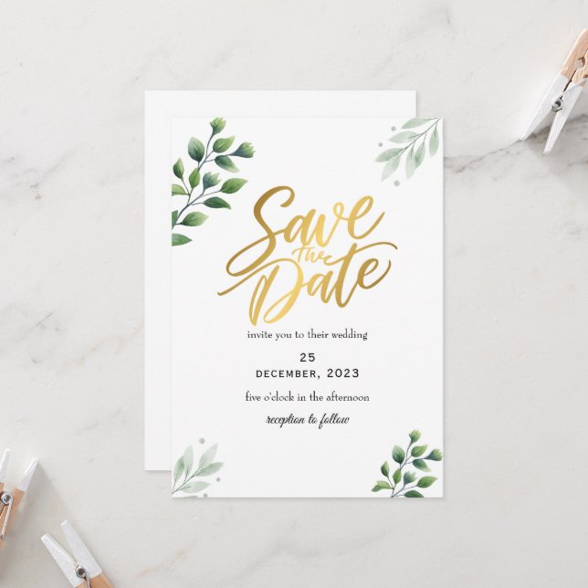 Greenery Romantic Save The Date Invitation (Front/Back In Situ)