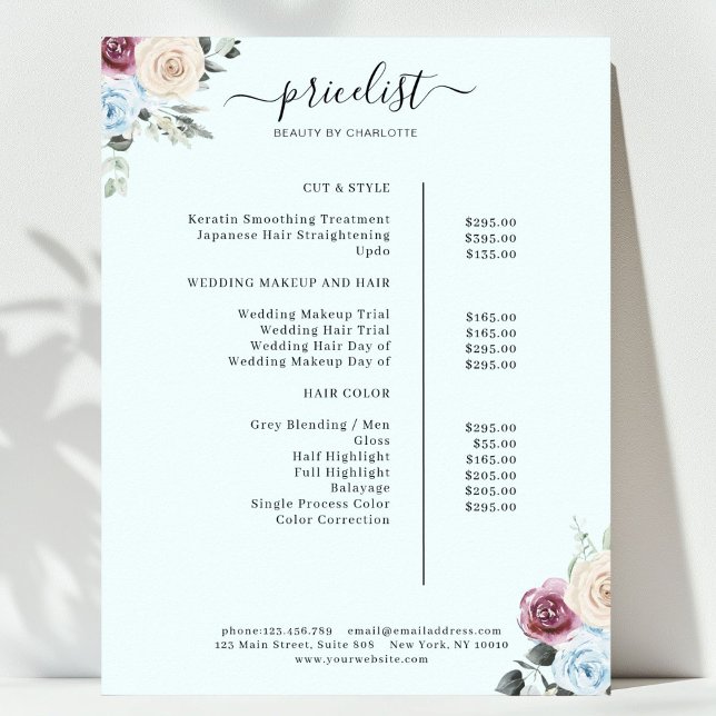 Greenery Roses Salon Price List Poster (Greenery Roses Salon Price List Poster)