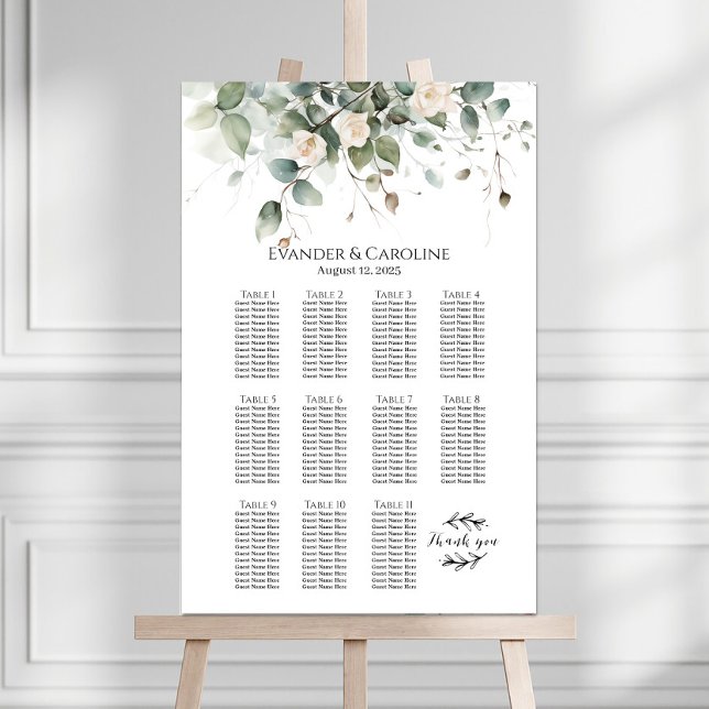 Greenery & roses wedding seating chart 11 tables (Creator Uploaded)