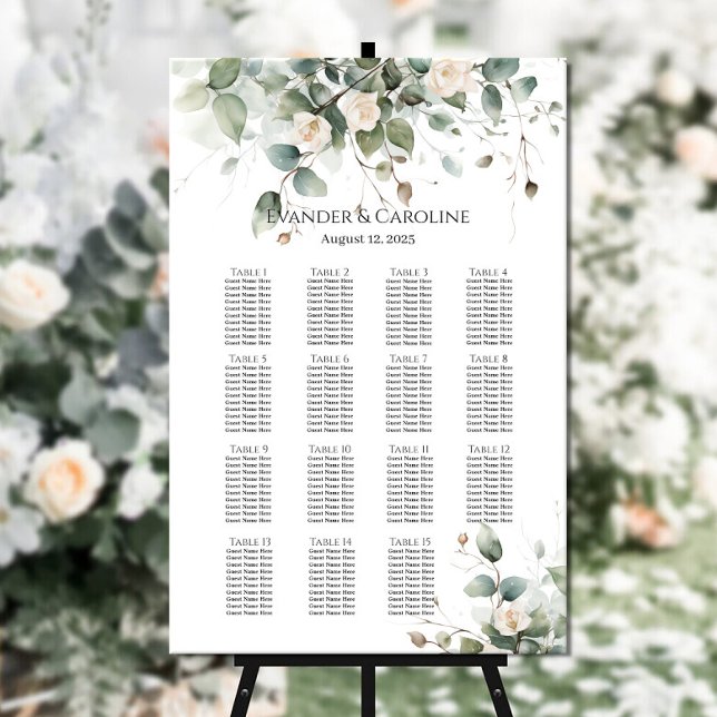 Greenery & roses wedding seating chart 15 tables (Creator Uploaded)