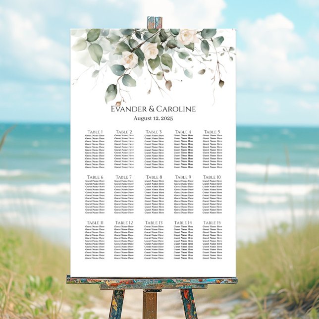 Greenery & roses wedding seating chart 15 tables (Creator Uploaded)